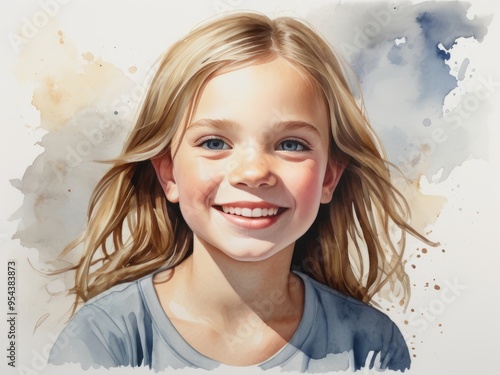 Watercolor portrait of  blonde school girl with long hair, happily smiling. Concept of youth and life enjoyment