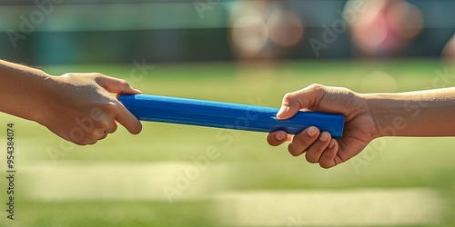 Closeup of two hands passing a blue baton during a relay race.