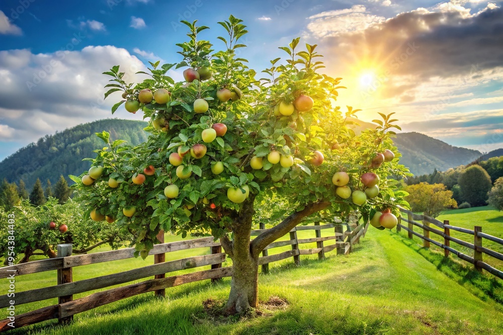 Naklejka premium Lush green apple tree with vibrant leaves and ripening fruits stands tall in a serene, sun-drenched orchard surrounded by rustic wooden fences and verdant hills.