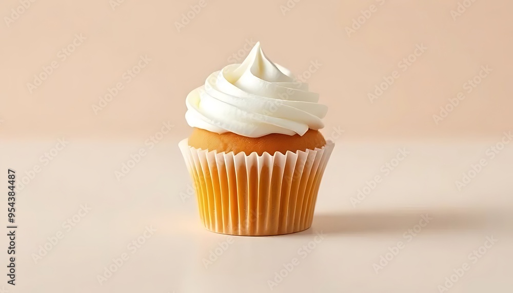 Single Vanilla Cupcake with Whipped Cream Topping on Beige Background Single Vanilla Cupcake with Whipped Cream Topping on Beige Background