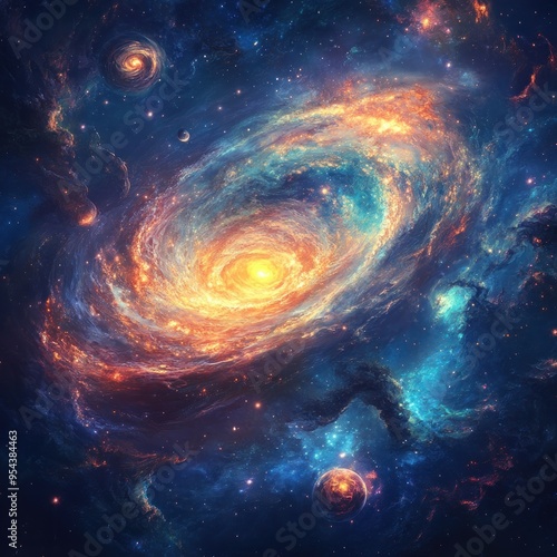 A Cosmic Spiral Galaxy with Planets and Stars photo