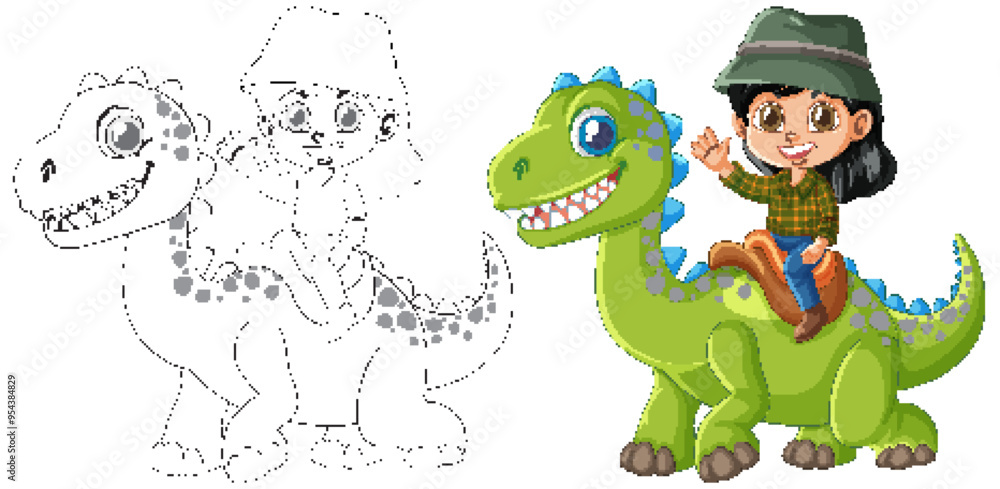 Naklejka premium Kid Riding a Friendly Dinosaur