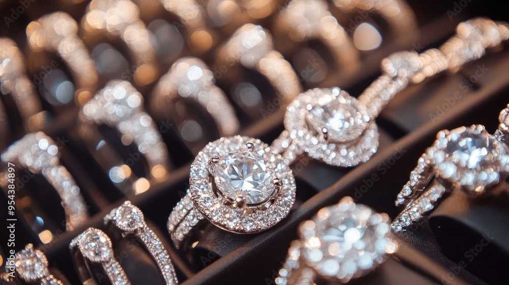 Close-Up Image of Shiny Diamond Jewelry in a High-End Jewelry Store Display Close-Up Image of Shiny Diamond Jewelry in a High-End Jewelry Store Display