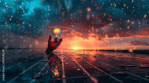 Hand Holding Lit Lightbulb Above Wet Solar Panels During Sunset With Bokeh Background photo