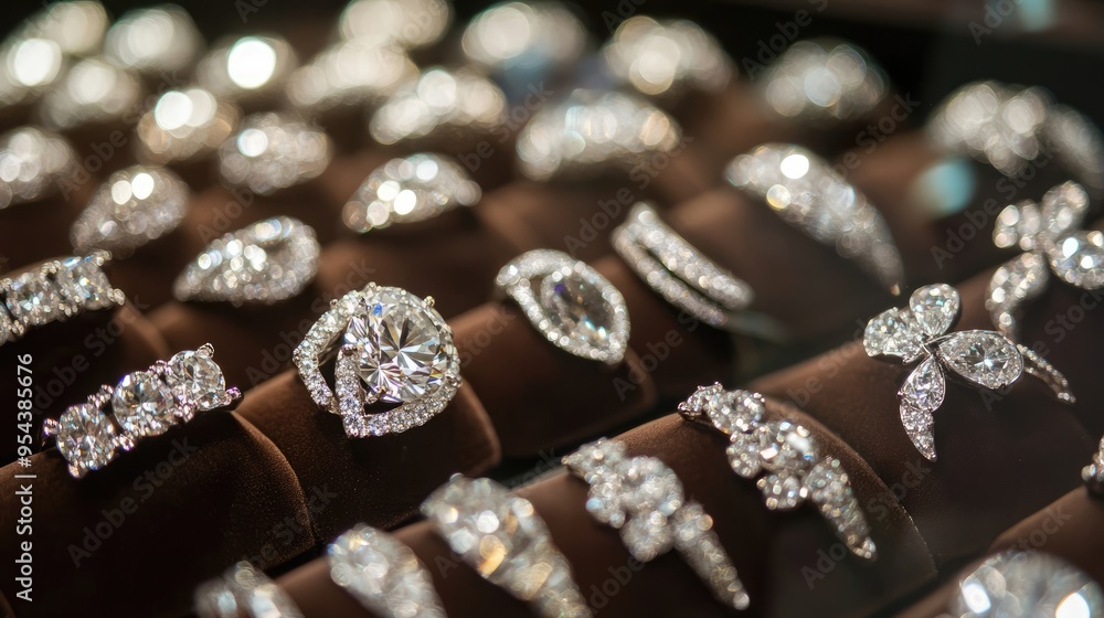 Close-Up Image of Shiny Diamond Jewelry in a High-End Jewelry Store Display Close-Up Image of Shiny Diamond Jewelry in a High-End Jewelry Store Display