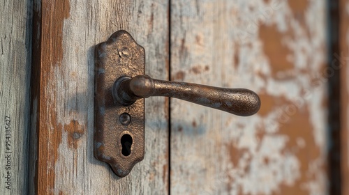 Close-up of a rustic metal door handle mounted on a weathered wooden door with peeling paint, showcasing vintage charm and textures.