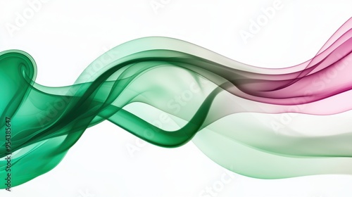 A vibrant wave of green and pink smoke swirling elegantly against a white background, perfect for abstract art and design themes.