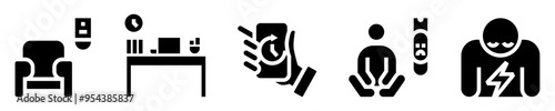 Sedentary lifestyle icons set. Personal inactivity. Armchair, office, screen time, person without physical exercise, without energy. Solid icons. Vector illustration