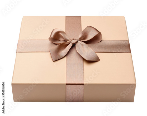 Gift wrapped in brown craft paper with ribbon isolated on transparent background, top view