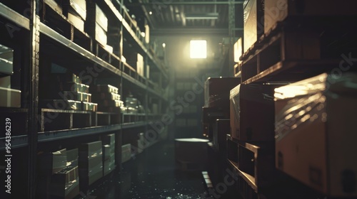 A dimly lit warehouse aisle with shelves stocked with boxes and a pallet of boxes in the foreground. A single light shines from a window in the back wall.