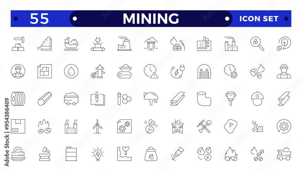 Mining icon set. Containing minerals, gold, pickaxe, miner, excavator, diamond, coal wagon, jackhammer and gold panning icons. Outline icon collection. Mining icon set. Containing minerals, gold, pickaxe, miner, excavator, diamond, coal wagon, jackhammer and gold panning icons. Outline icon collection.