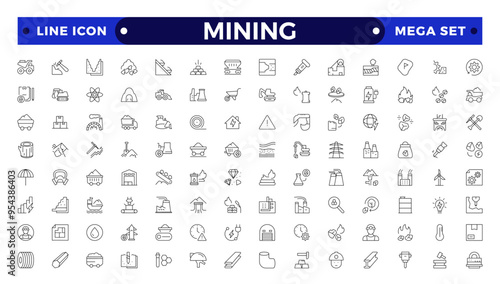 Mining icon set. Containing minerals, gold, pickaxe, miner, excavator, diamond, coal wagon, jackhammer and gold panning icons. Outline icon collection.
