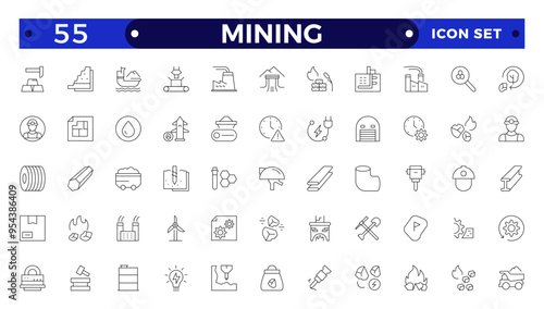Mining icon set. Containing minerals, gold, pickaxe, miner, excavator, diamond, coal wagon, jackhammer and gold panning icons. Outline icon collection.