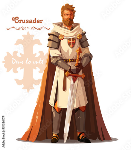 Image of a crusader with a sword, in armor and a cloak. The Crusaders' motto in Latin is - Deus lo vult (God wills it). Vector illustration