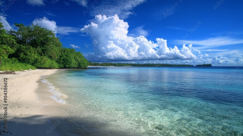 Obraz premium Tranquil coastal haven featuring crystal-clear waters and soft, white sands.