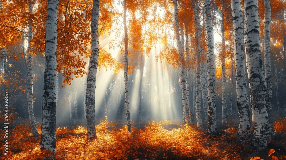 Fototapeta premium Sunlight Filtering Through a Birch Forest in Autumn
