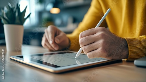 Close-up of a hand signing a digital document on a tablet.
