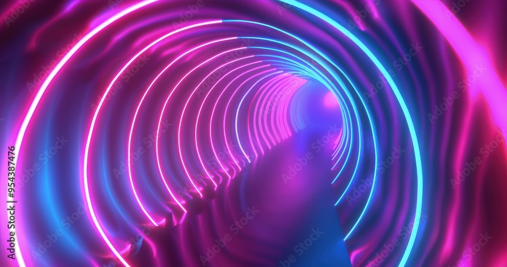 A vibrant, futuristic tunnel illuminated with pink and blue neon lights. A vibrant, futuristic tunnel illuminated with pink and blue neon lights.