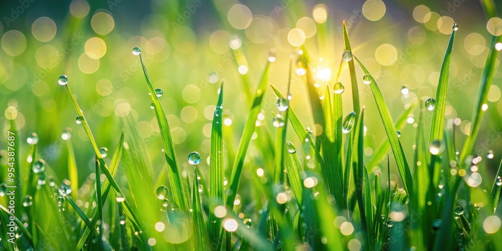 Fototapeta premium Green grass glistening with dew drops in the morning sunlight, nature, outdoors, freshness, spring, environment, wet, vibrant, texture
