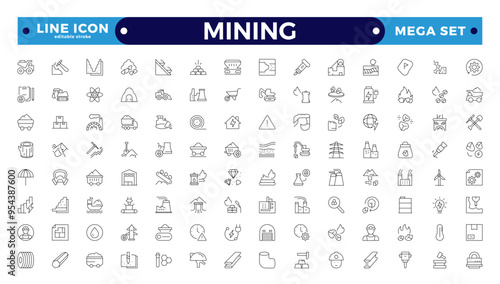 Mining icon set. Containing minerals, gold, pickaxe, miner, excavator, diamond, coal wagon, jackhammer and gold panning icons. Editable stroke outline icon. 