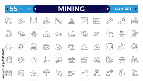 Mining icon set. Containing minerals, gold, pickaxe, miner, excavator, diamond, coal wagon, jackhammer and gold panning icons. Editable stroke outline icon. 