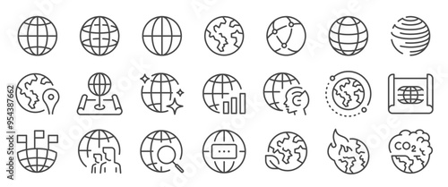 Globe icon set. It included world, planet, earth, global, and more icons. Editable Vector Stroke.
