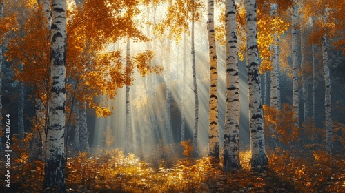 Sunbeams Illuminating an Autumnal Birch Forest