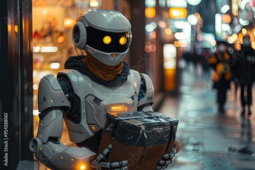 Wallpaper Mural A robot is holding a box and standing in front of a building Torontodigital.ca