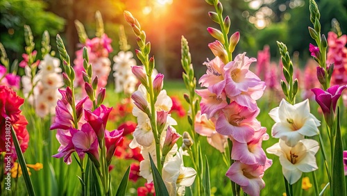 Vibrant, trumpet-shaped gladious blooms in shades of pink and white stand tall amidst lush green foliage, casting delicate shadows under warm, golden natural light. photo