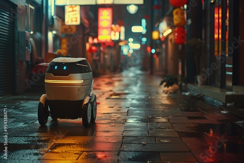 A robot is standing on a wet street in a city