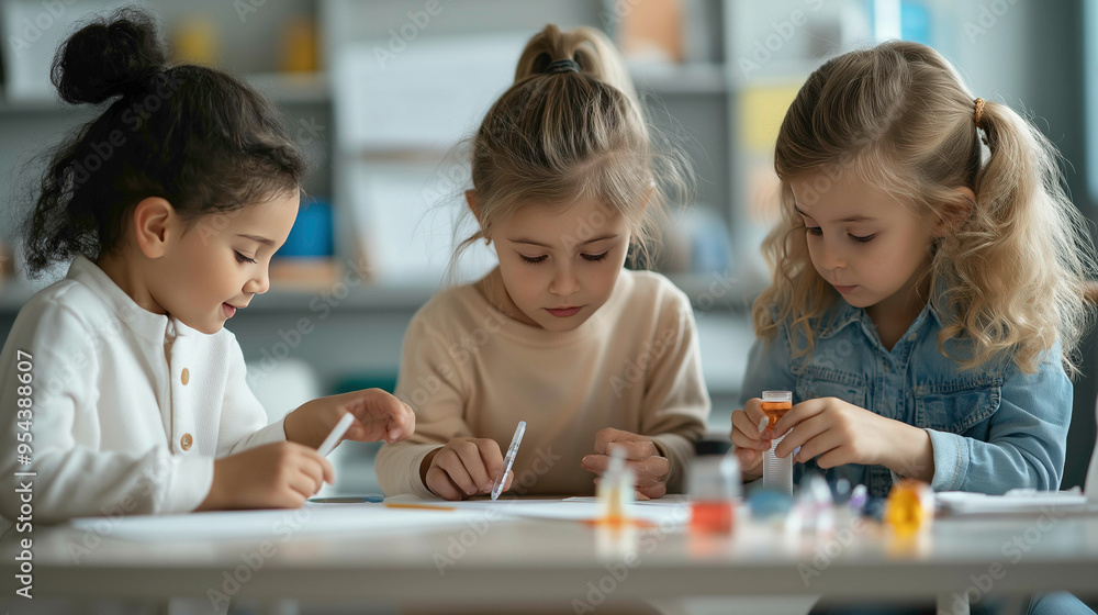 Three young children are focused on a creative art project in a classroom. They work together using markers and other materials.