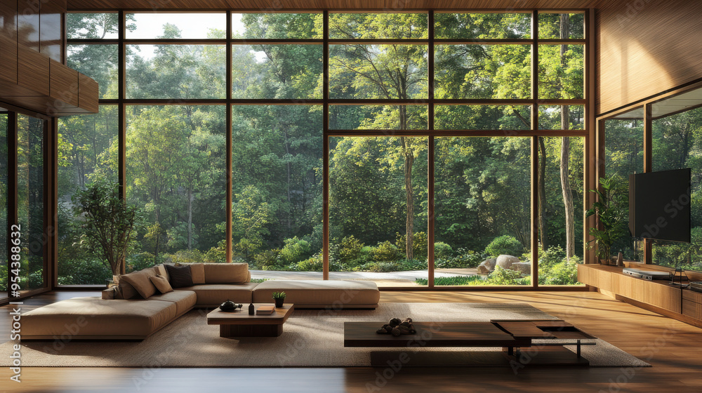 Contemporary living room with open floor plan, large windows facing a peaceful garden, forest Contemporary living room with open floor plan, large windows facing a peaceful garden, forest