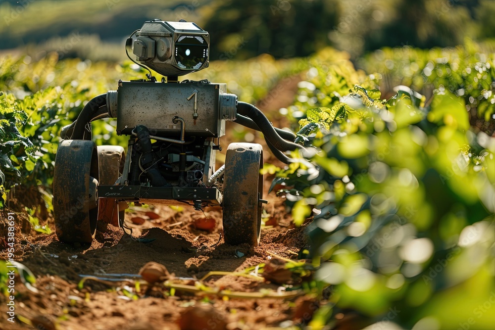 A robot is walking through a field of plants