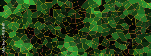 Abstract red and black geometric mosaic design with golden lines and shadow. Broken quartz stained Glass Background with lines. Geometric hexagon tiles textured with cracked rock.