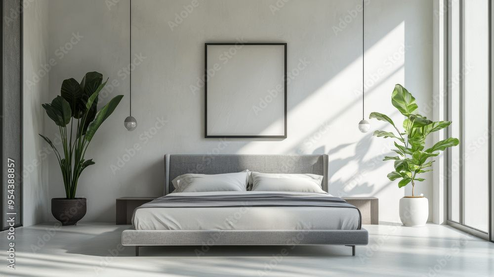 Contemporary minimalist bedroom, grey bed, light grey backdrop, white walls, photorealistic Contemporary minimalist bedroom, grey bed, light grey backdrop, white walls, photorealistic