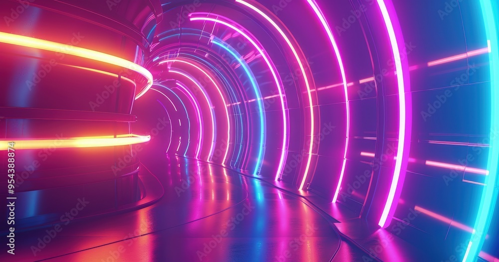 A vibrant, futuristic tunnel illuminated by colorful neon lights. A vibrant, futuristic tunnel illuminated by colorful neon lights.