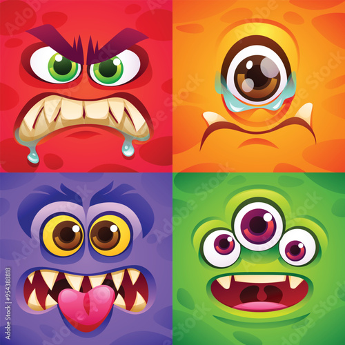 Set of cartoon monster faces with different expressions. Vector cartoon illustration