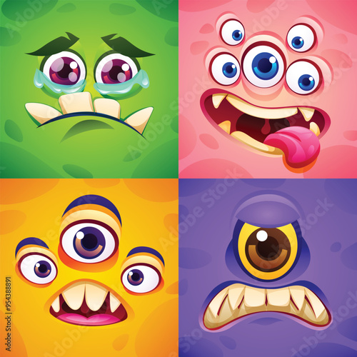 Set of monster faces with various expressions, featuring multiple eyes and sharp teeth. Vector cartoon illustration