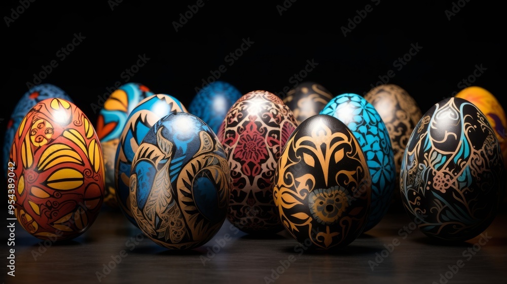 Colorful easter eggs arranged on a rustic wooden table with spring flowers and greenery. Festive decoration for easter celebration with vibrant patterns and designs, perfect for holiday crafts and sea Colorful easter eggs arranged on a rustic wooden table with spring flowers and greenery. Festive decoration for easter celebration with vibrant patterns and designs, perfect for holiday crafts and sea
