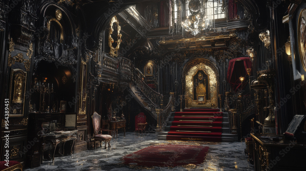 Create a detailed photorealistic interior scene of a Victorian Gothic mansion temple, with
