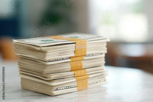 A stack of cash neatly arranged with yellow bands, representing wealth and financial success in a modern setting.