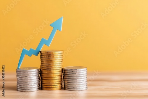 A stack of coins with a blue upward arrow, symbolizing financial growth and success against a vibrant yellow background.