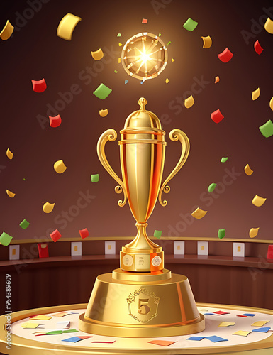 Golden trophy placed on a podium with confetti falling in the background, symbolizing victory and achievement with copy space.

