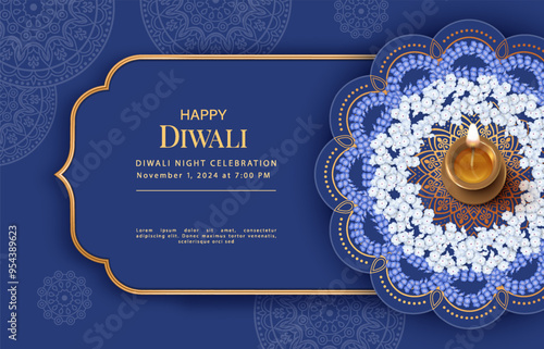 Diwali Festival banner. Golden frame, rangoli patterns with flowers and diya lamp