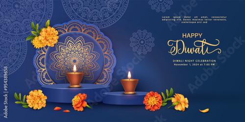 Diwali Festival Banner. Traditional Indian background with diya lamp on podium and marigold flowers