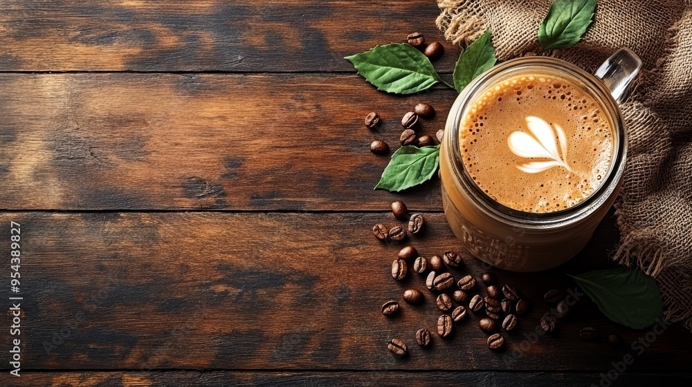 Coffee with Latte Art and Beans on Wooden Table Coffee with Latte Art and Beans on Wooden Table