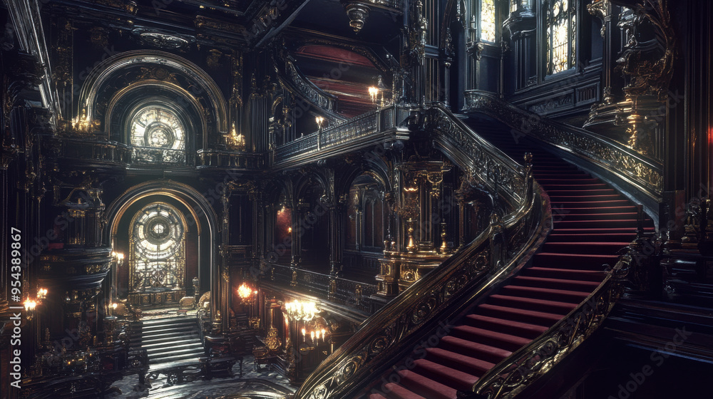 Create a detailed photorealistic interior scene of a Victorian Gothic mansion temple, with Create a detailed photorealistic interior scene of a Victorian Gothic mansion temple, with