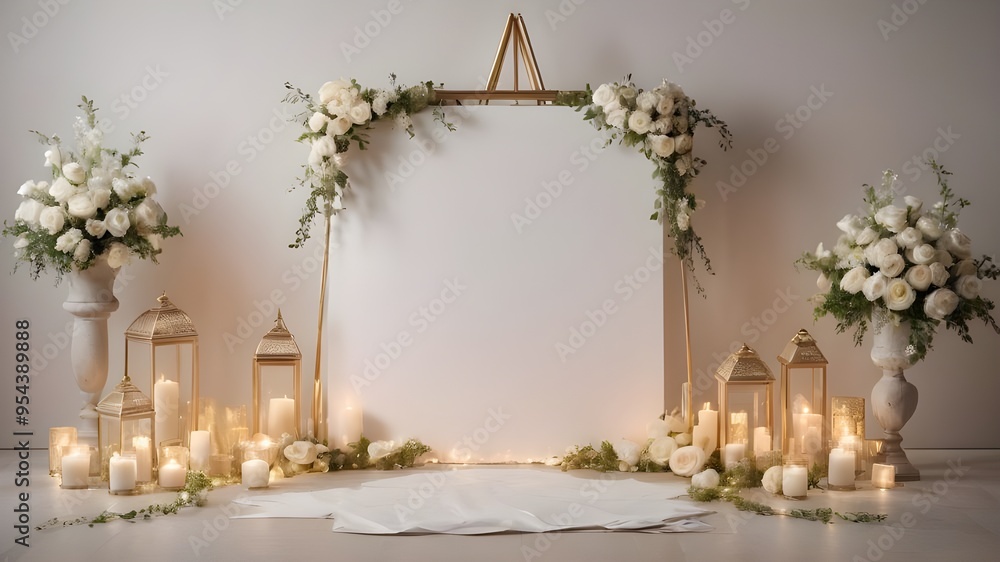 blank white paper set on an minimalist gold metal easel with candles and decorations blank white paper set on an minimalist gold metal easel with candles and decorations