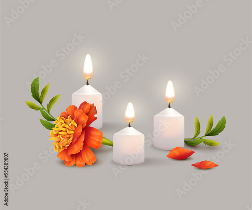 Burning candles and marigold flowers. Festive composition for Diwali festival or Day Of Dead