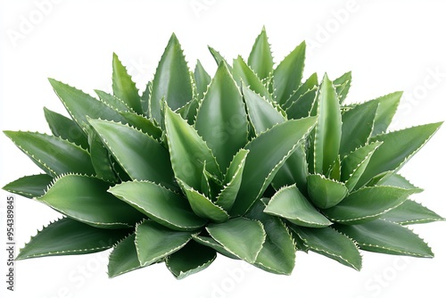 Lush green agave plant with sharp, spiky leaves isolated on white background. photo